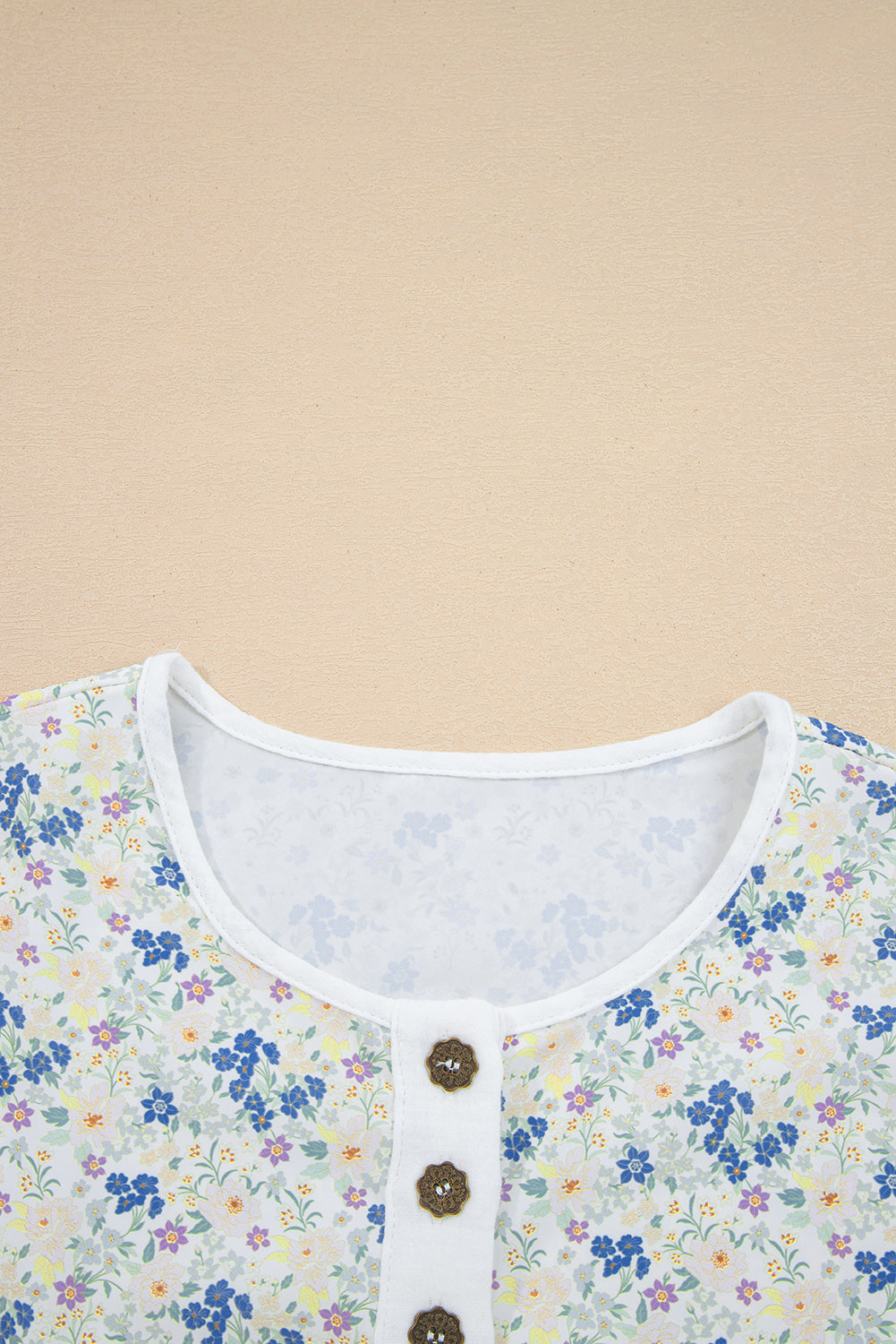 Sky Blue Floral Print Gauze Patchwork Henley Button 3/4 Sleeve Blouse