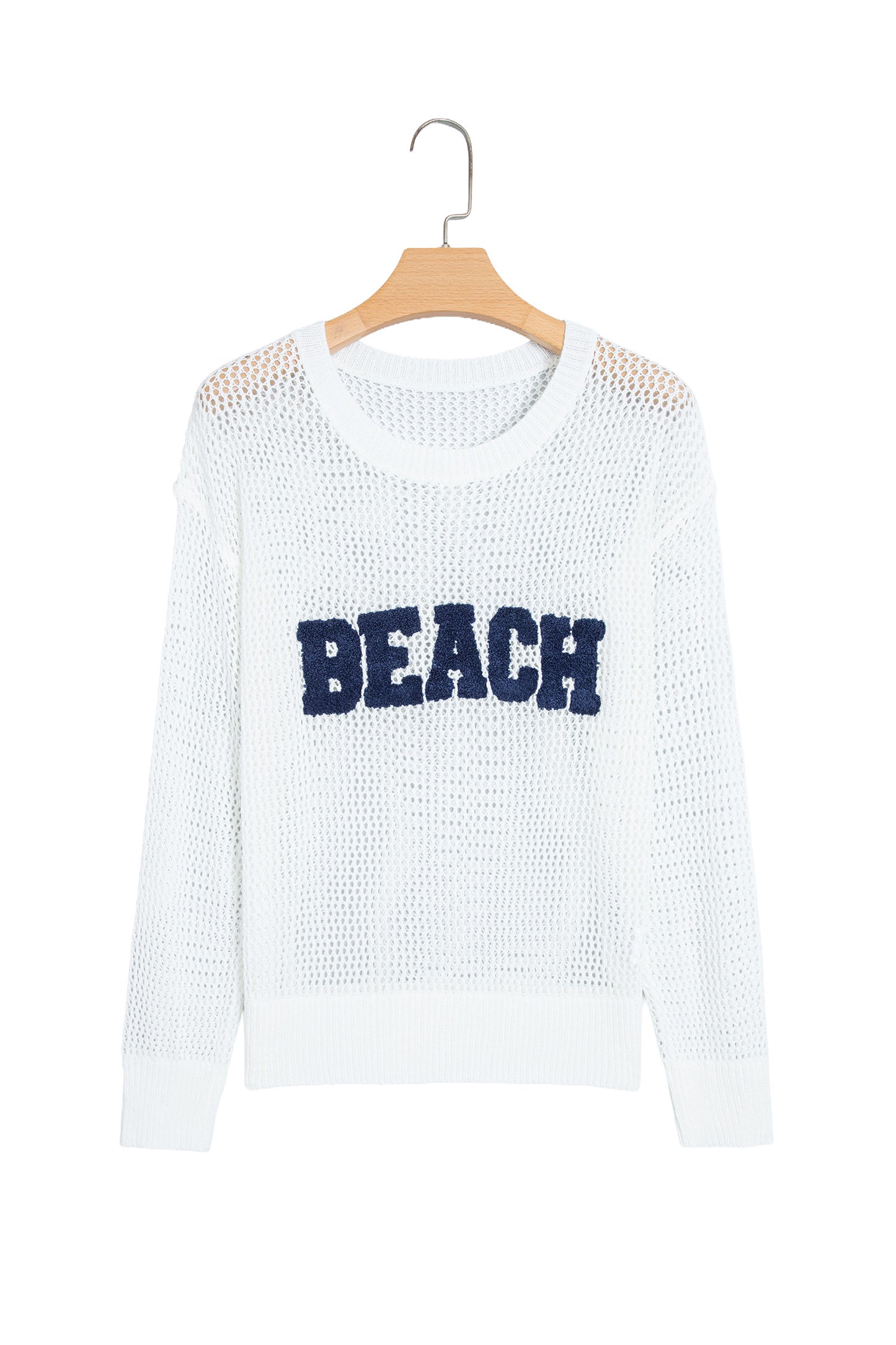 White Chenille BEACH Lettering Hollow Out Knit Casual Sweater