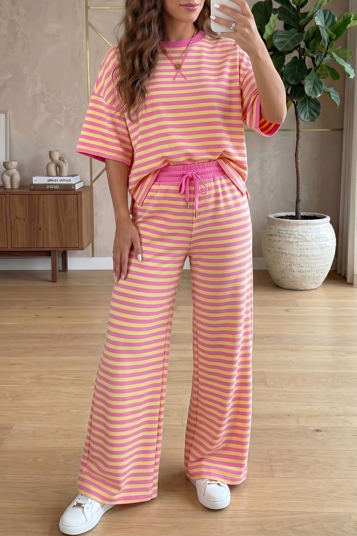 Yellow Stripe Colorblock Trim Crew Neck Loose Tee Drawstring Elastic Waist 2pcs Pant Set