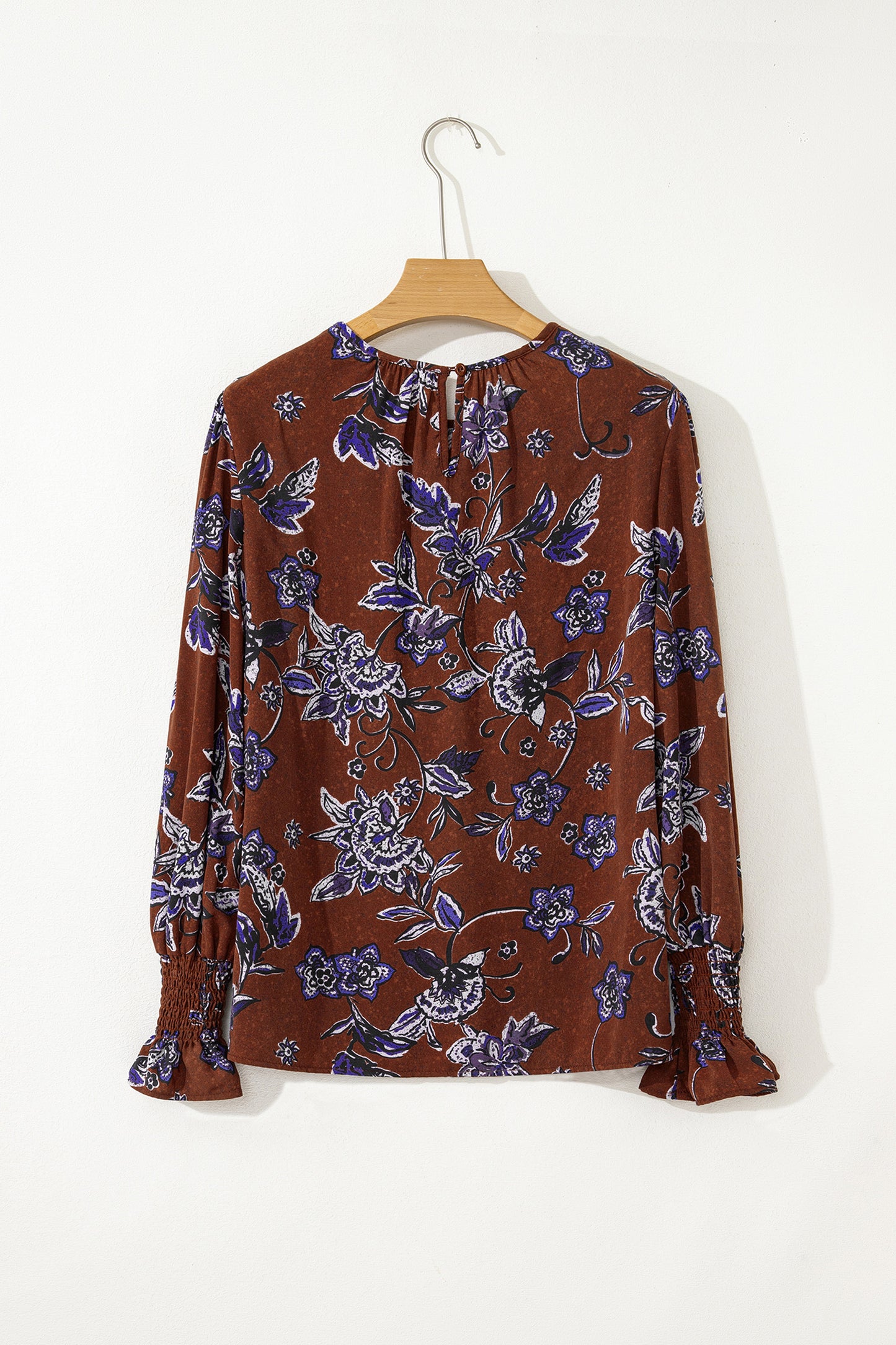 Brown Autumn Floral Print Smocked Cuffs Shift Blouse