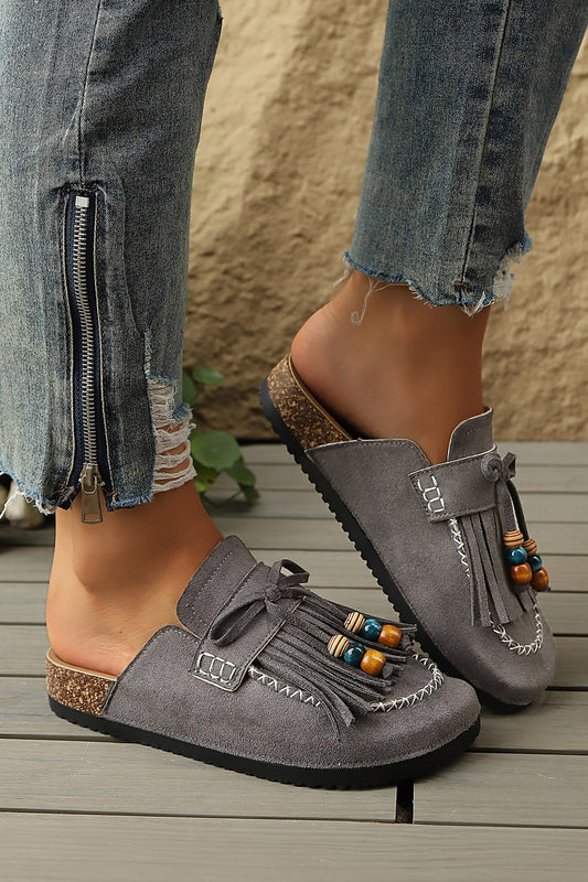 Dark Grey Boho Bow Fringed Faux Suede Slip-on Loafers Square Toe Casual Slippers