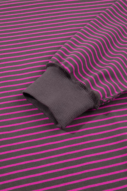 Pink Stripe Ribbed Patchwork Mock Neck Baggy Pullover Matching Shorts Set