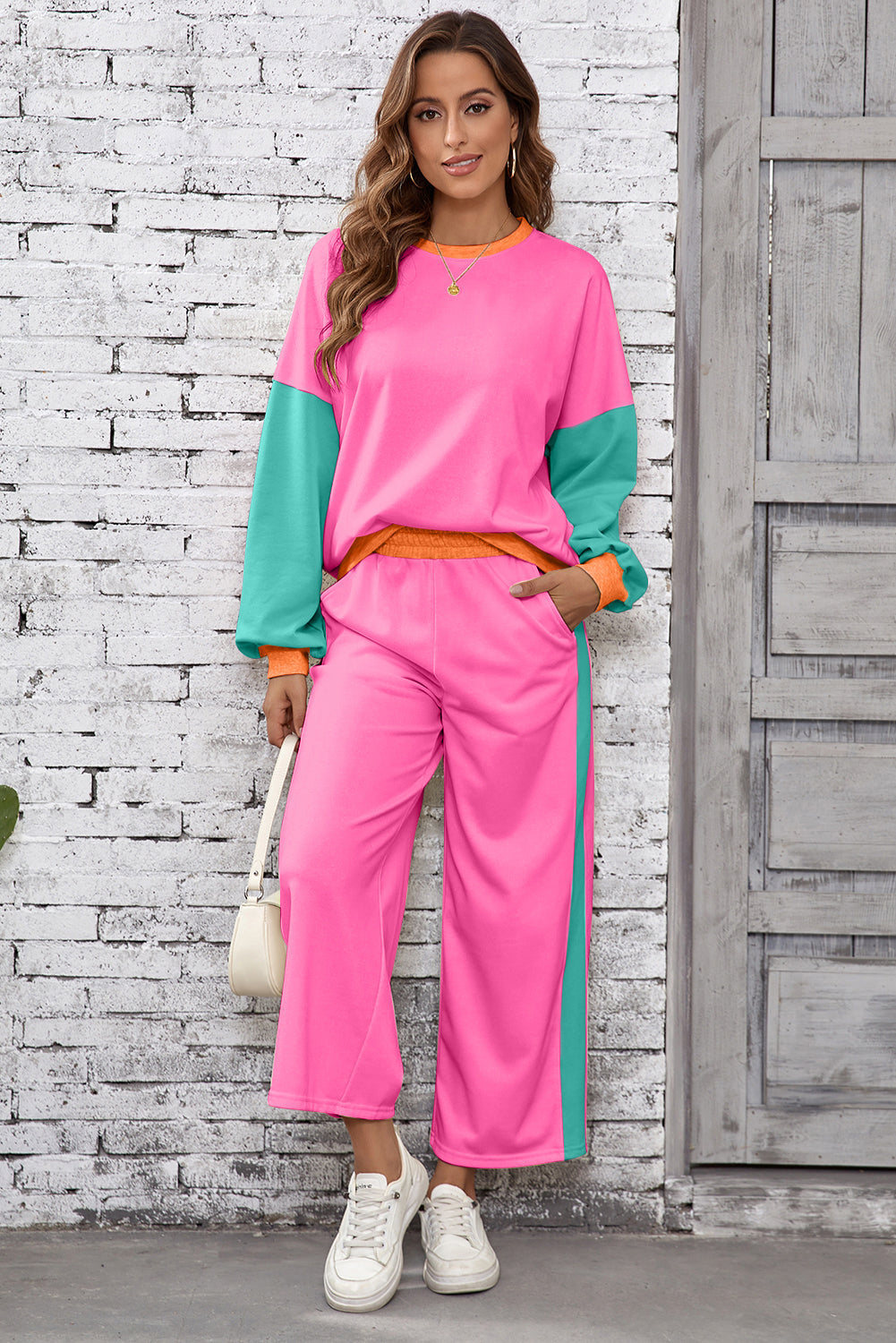 Blackish Green 2pcs Color Block Pullover Loose Pant Set