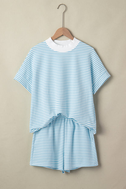 Green Stripe Cuffed Sleeve Contrast Mock Neck Tee Casual 2pcs Short Set