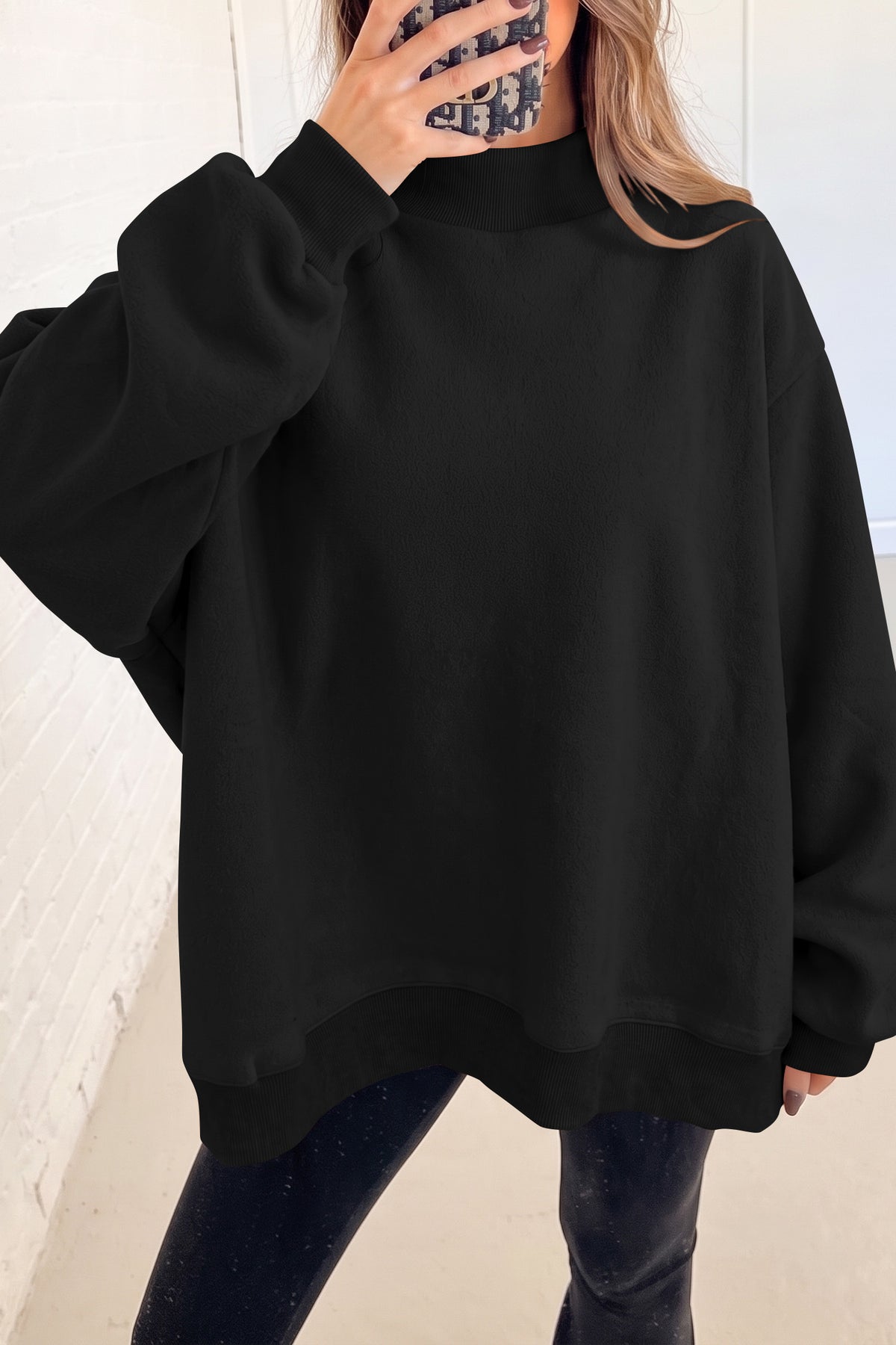 Coffee Oversize Drop Shoulder Reversible Mock Neck Sweatshirt