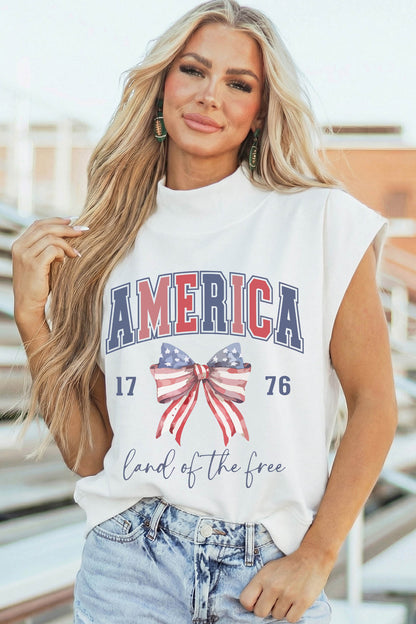 White Patriotic Slogan America Flag Print Mock Neck Tee