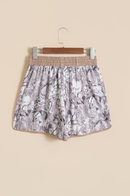 Khaki Camo Woodland Print Drawstring Active Shorts