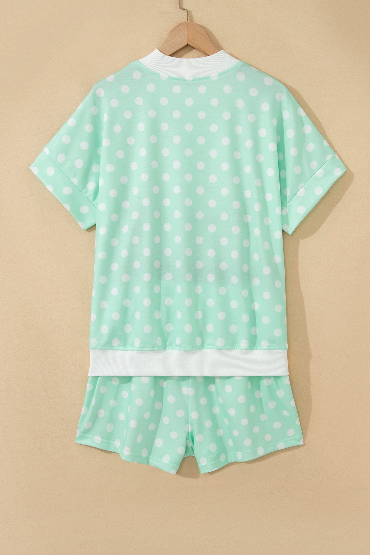 Green Polka Dot Print Color Block Trim Mock Neck Short Set