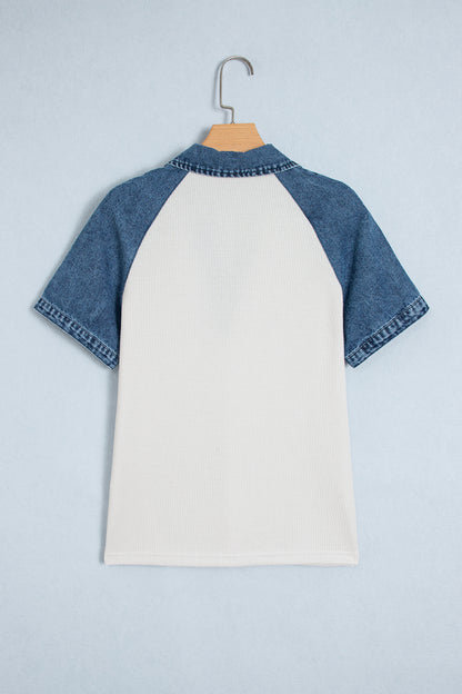 White Textured Color Block Denim Patchwork Polo Collar Tee