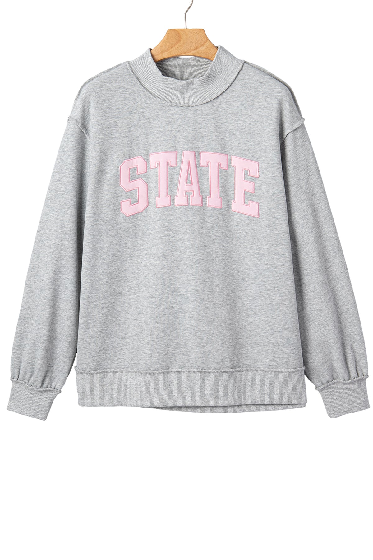 Light Grey Exposed Seam Mock Neck Letter Embroidered Loose Sweatshirt
