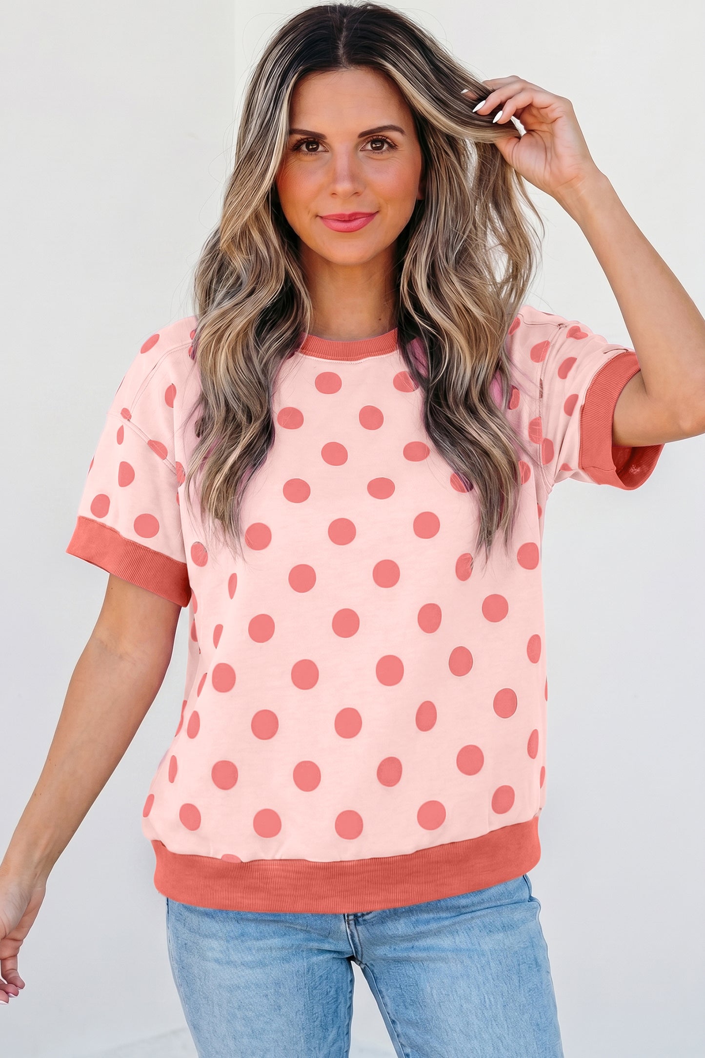 Blue Color Block Trim Polka Dot Casual Tee