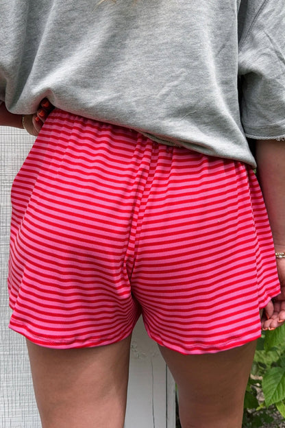 Rose Stripe Contrast Elastic Waist Casual Ribbed Shorts