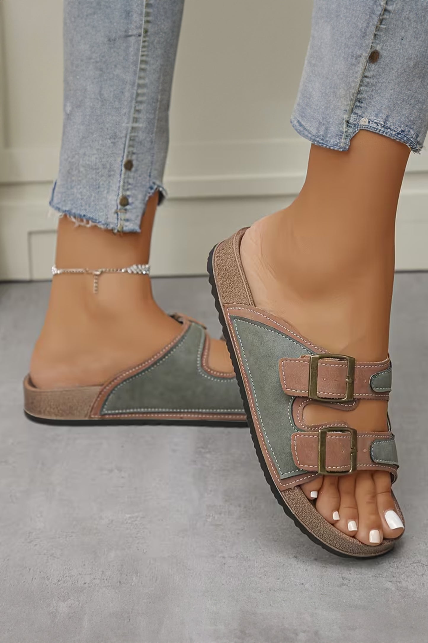 Beige Embroidered Trim Retro Buckle Faux Suede Slippers