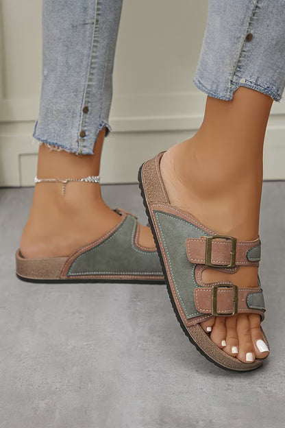 Beige Embroidered Trim Retro Buckle Faux Suede Slippers