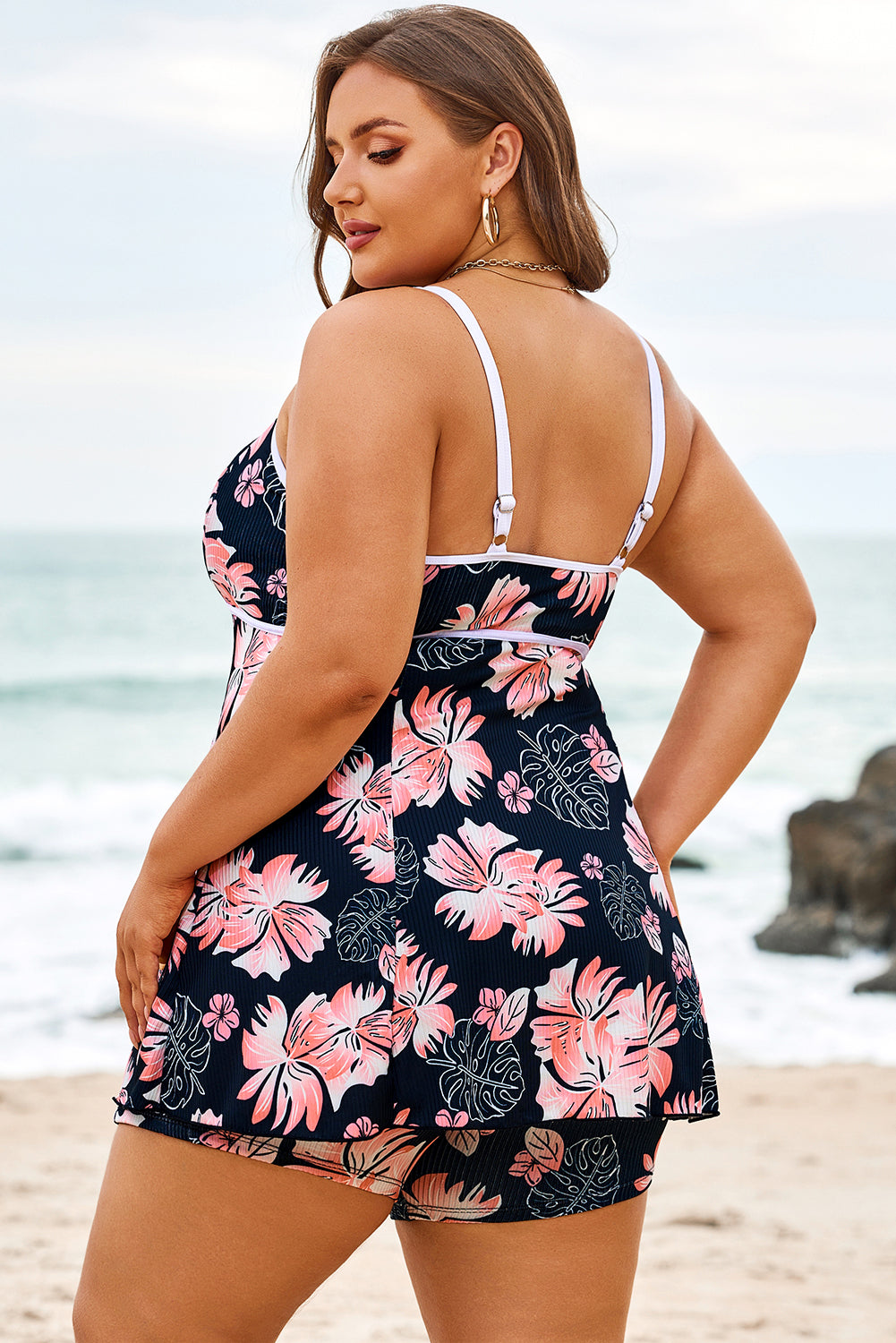 Skobeloff Plus Size Ribbed Contrast Trim Adjustable Straps 2pcs Swimsuit