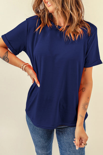 Dark Blue Casual Plain Crew Neck Tee