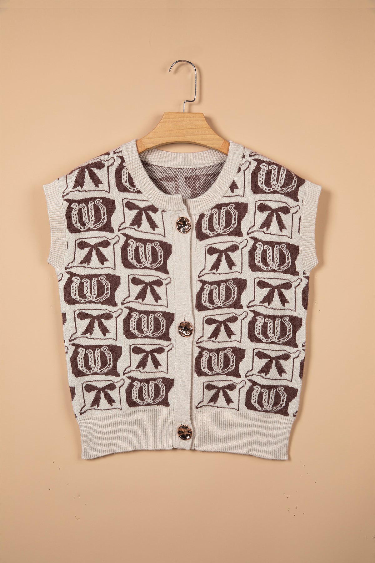 Brown Western Horseshoe Bow Pattern Button Front Sleeveless Knit Sweater
