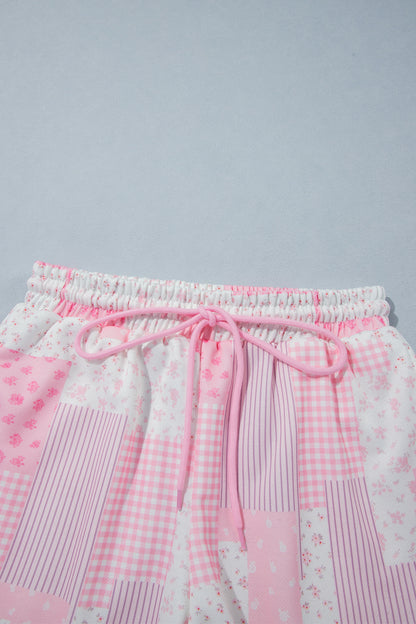 Light Pink Patchwork Floral Print Drop Shoulder Baggy Pullover Drawstring Shorts Set
