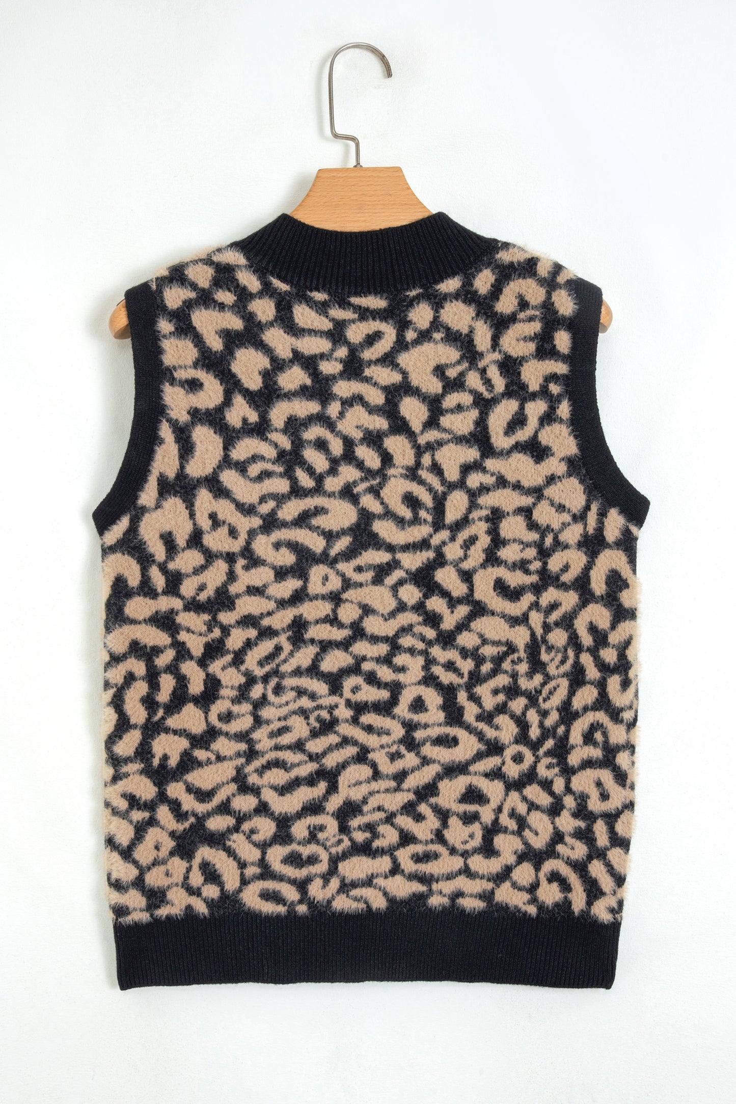 Black Leopard Print Knit Sleeveless Regular Wash Sweater Vest