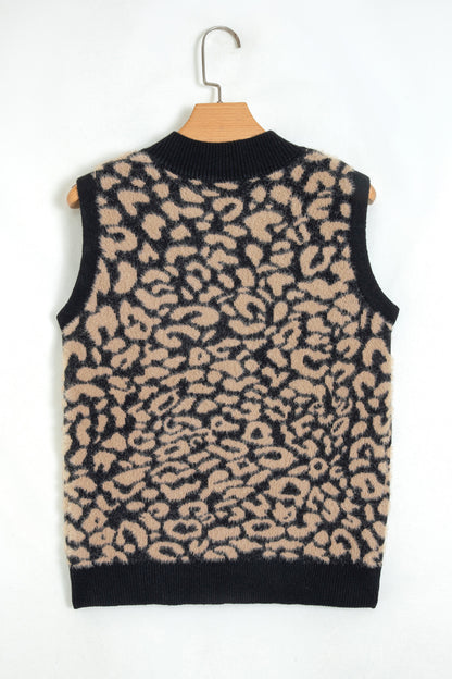 Black Leopard Print Knit Sleeveless Regular Wash Sweater Vest