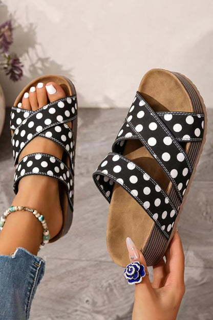 White Polka Dot Crossed Band Soft Suede Platform Slippers