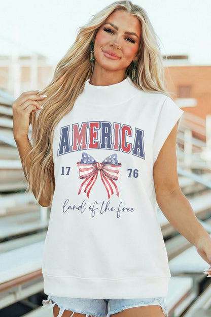 White Patriotic Slogan America Flag Print Mock Neck Tee