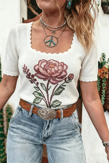 White Western Floral Print Short Sleeve Square Collar Knit Sweater