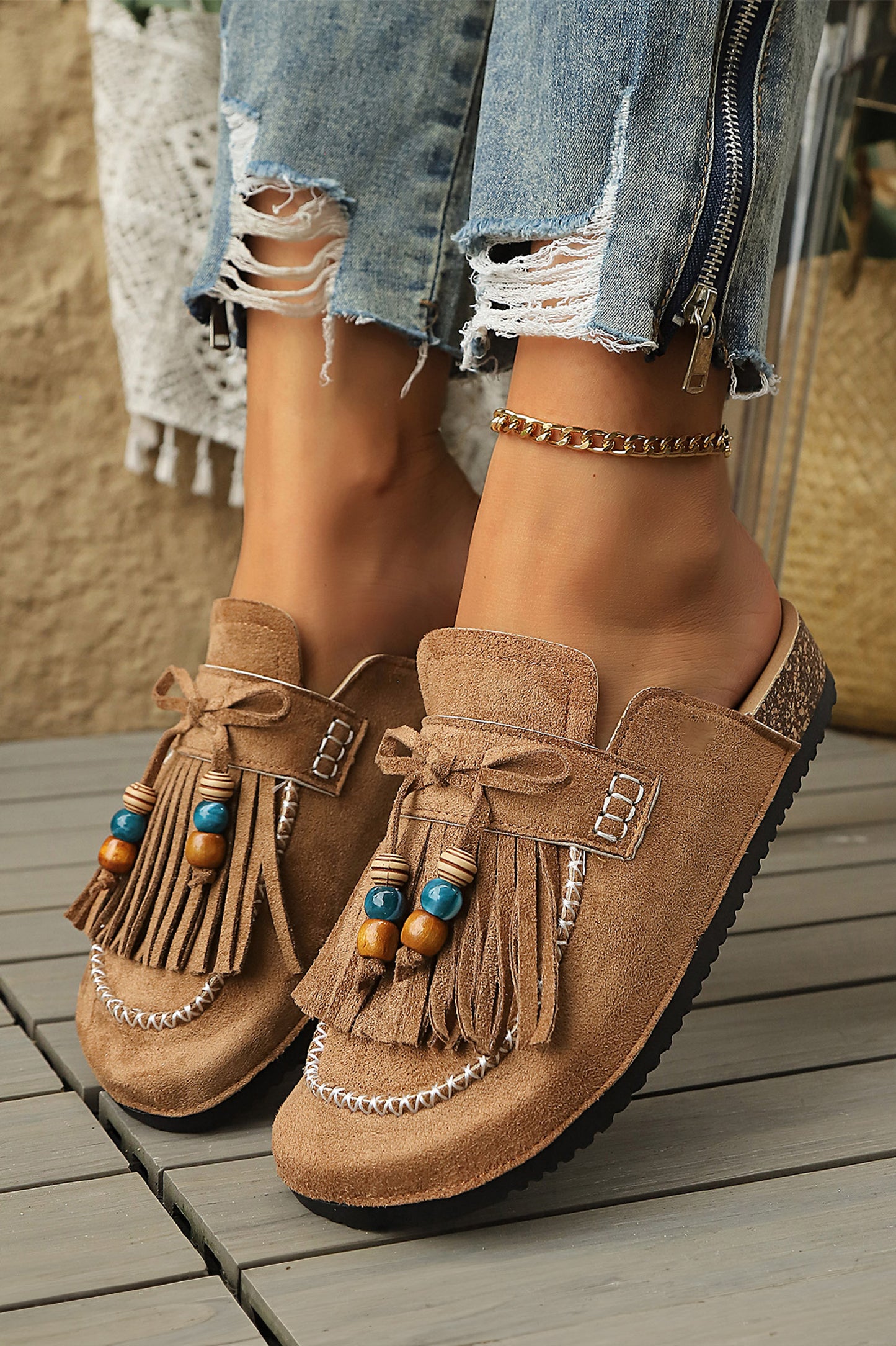 Dark Grey Boho Bow Fringed Faux Suede Slip-on Loafers Square Toe Casual Slippers
