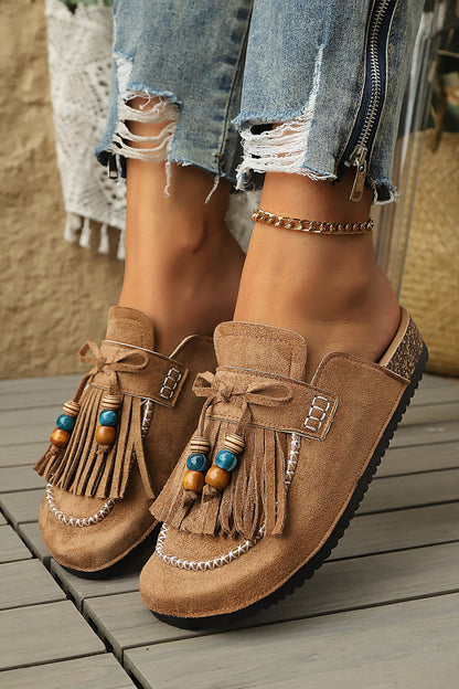 Dark Grey Boho Bow Fringed Faux Suede Slip-on Loafers Square Toe Casual Slippers