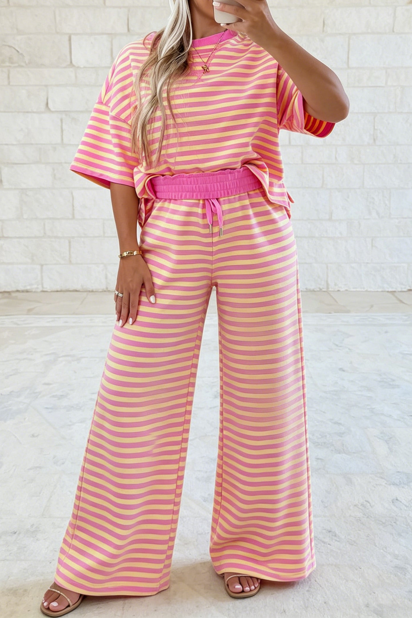 Yellow Stripe Colorblock Trim Crew Neck Loose Tee Drawstring Elastic Waist 2pcs Pant Set