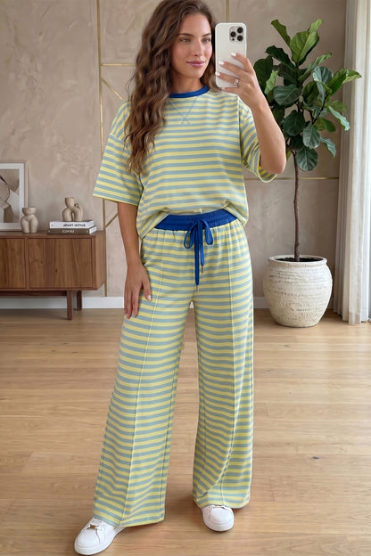 Yellow Stripe Colorblock Trim Crew Neck Loose Tee Drawstring Elastic Waist 2pcs Pant Set