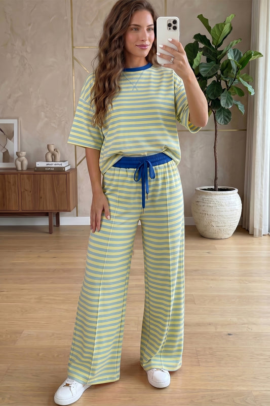 Yellow Stripe Colorblock Trim Crew Neck Loose Tee Drawstring Elastic Waist 2pcs Pant Set