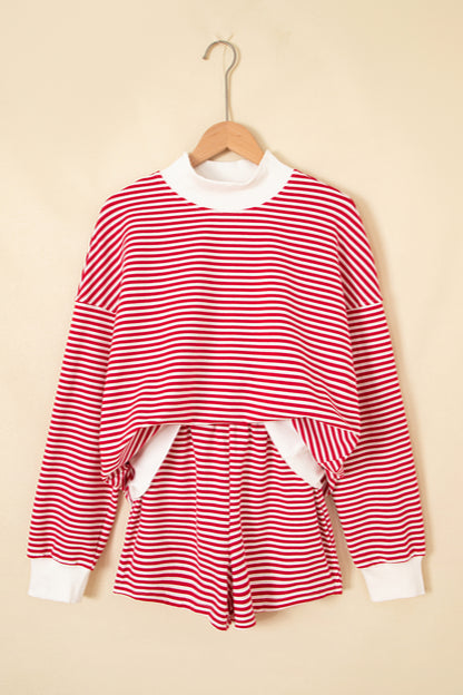 Red Stripe Oversize Mock Neck Sweatshirt and Shorts Set