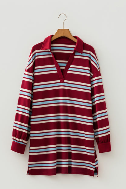 Red Stripe Retro Polo Collar Long Sleeve T Shirt Shift Mini Dress