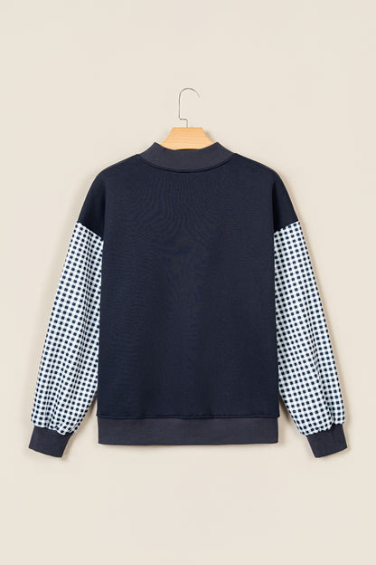 Black Plaid Sleeve Colorblock Loose Tunic Sweatshirt