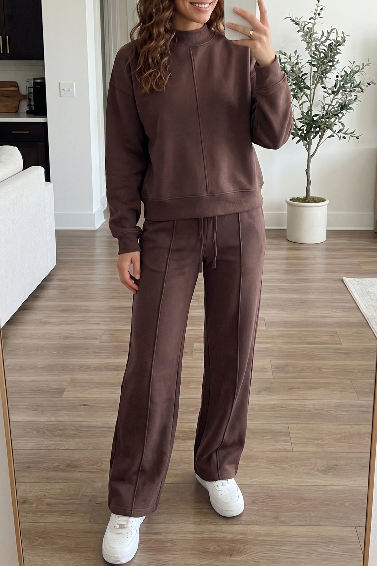 Coffee Solid Color Piping Trim Mock Neck Pullover Drawstring Pants Set