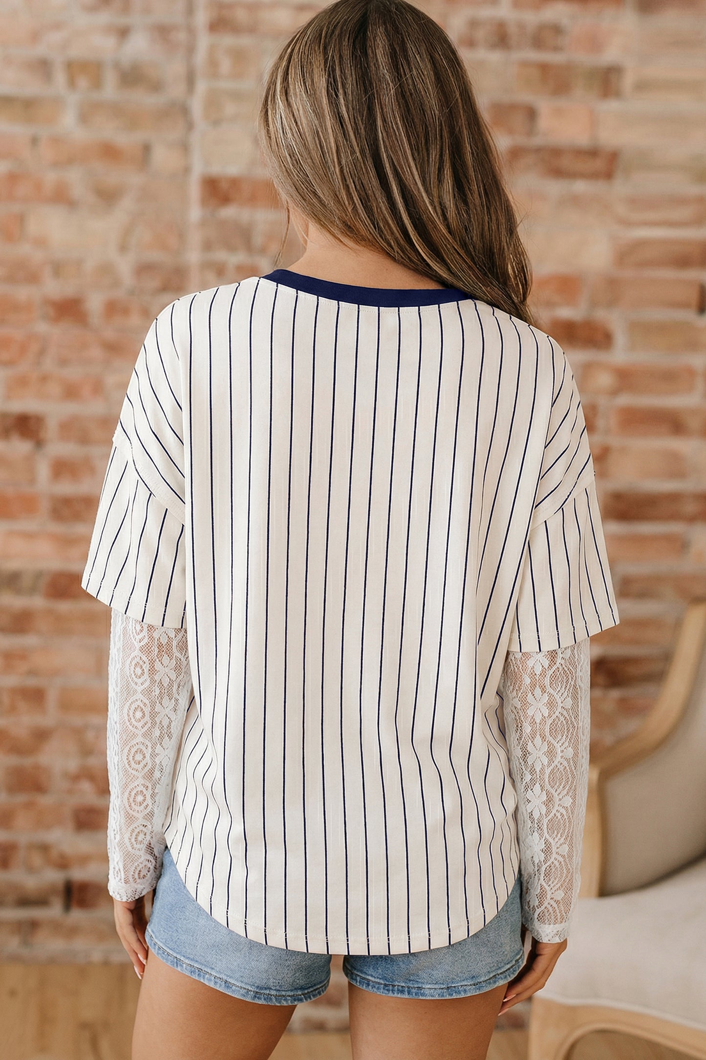 Blue Stripe 88 LOS ANGEL Graphic Lace Patchwork Faux Two Piece V Neck Top
