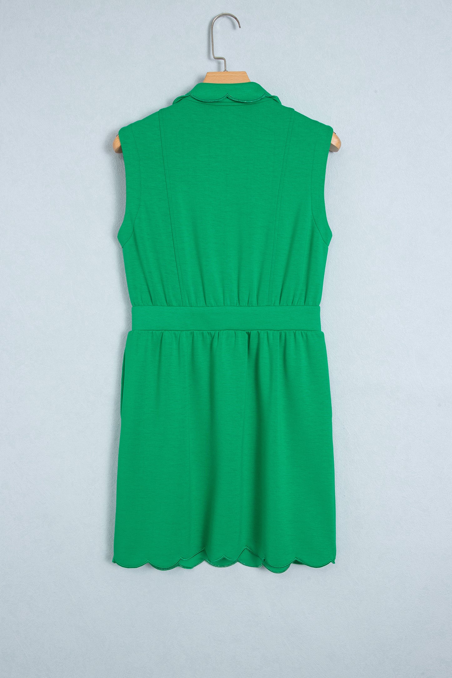 Bright Green Sleeveless Zip Front Scallop Hem Mini Dress