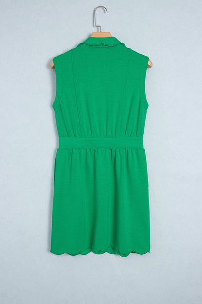 Bright Green Sleeveless Zip Front Scallop Hem Mini Dress