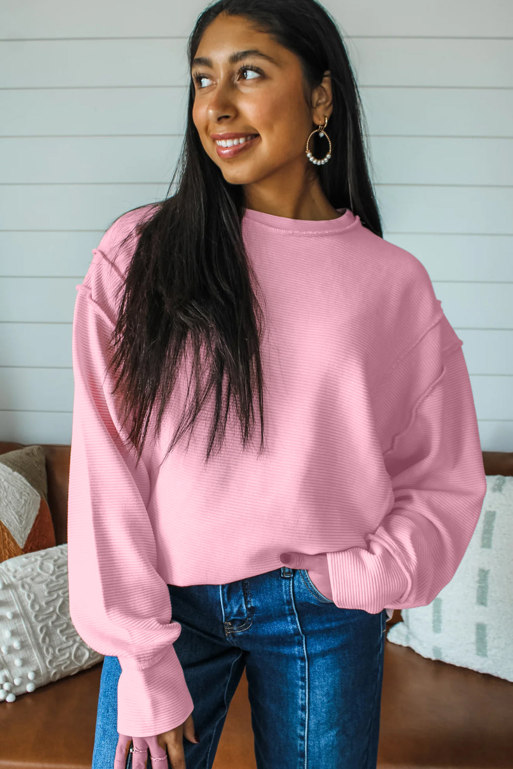 Pink Horizontal Ribbed Exposed Seam Detail Drop Shoulder Baggy Pullover