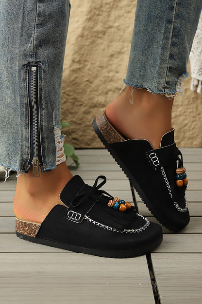 Dark Grey Boho Bow Fringed Faux Suede Slip-on Loafers Square Toe Casual Slippers