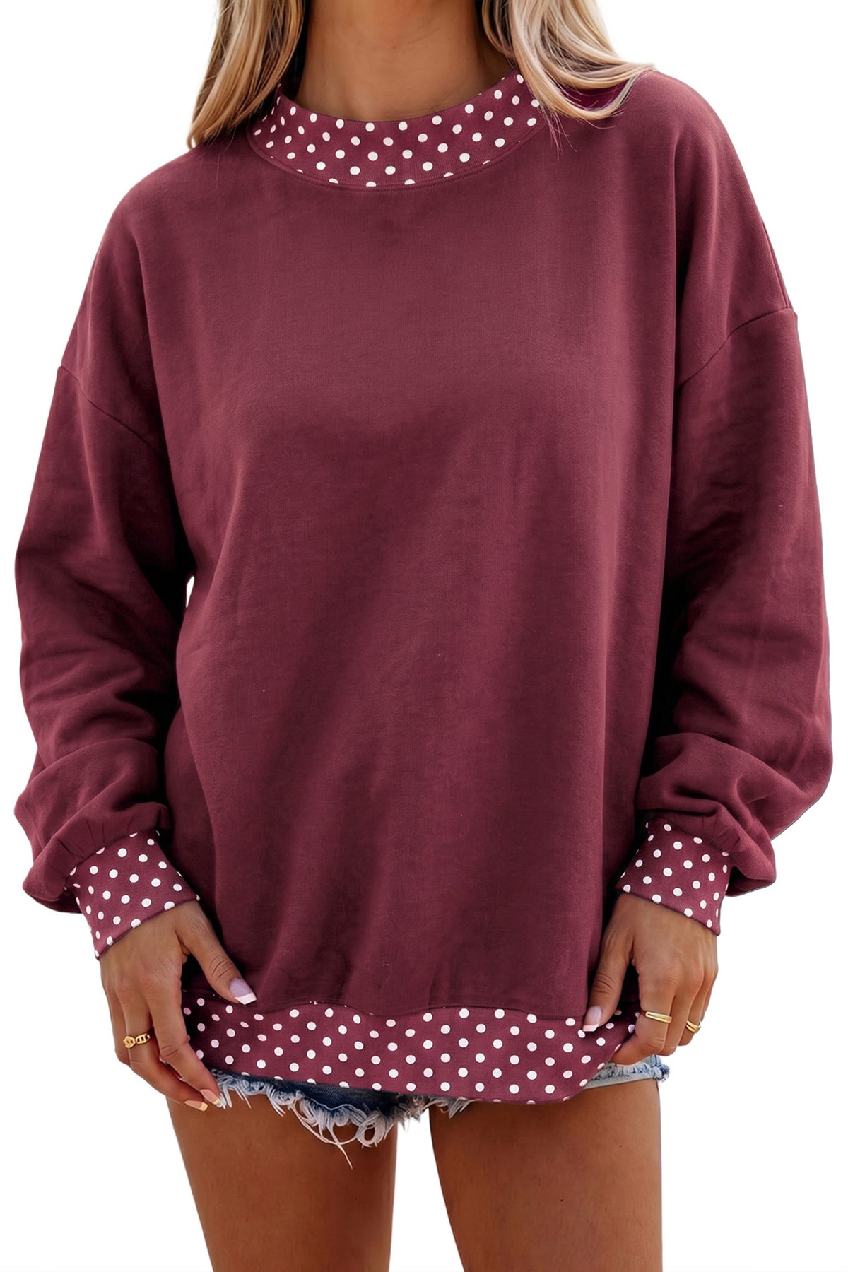 Pink Colorblock Polka Dot Contrast Trim Oversized Sweatshirt