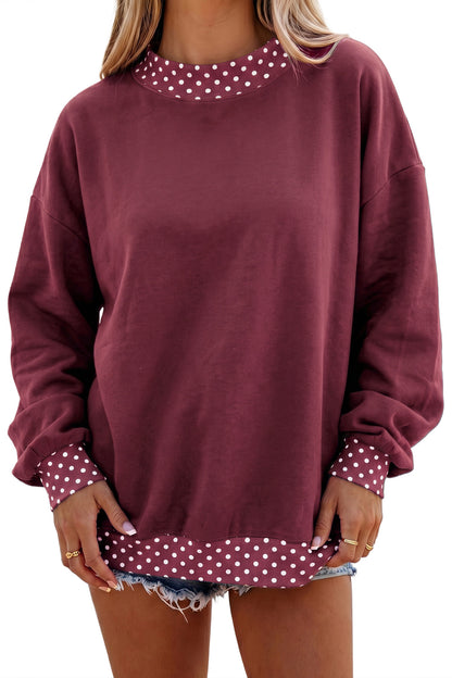 Pink Colorblock Polka Dot Contrast Trim Oversized Sweatshirt