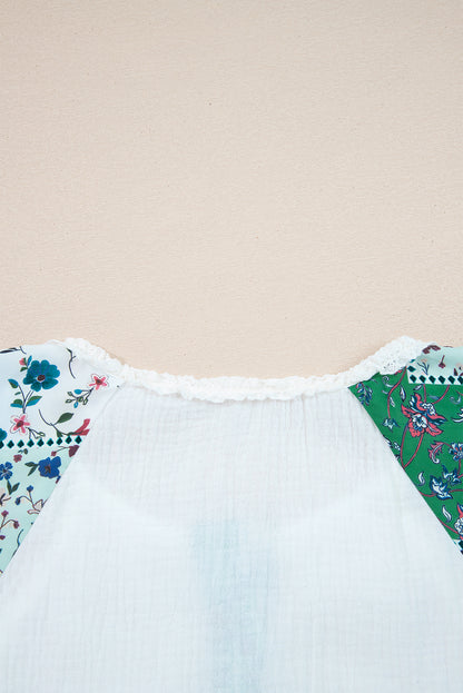 White Plant Mesh Patched Color Block Half Button Blouse