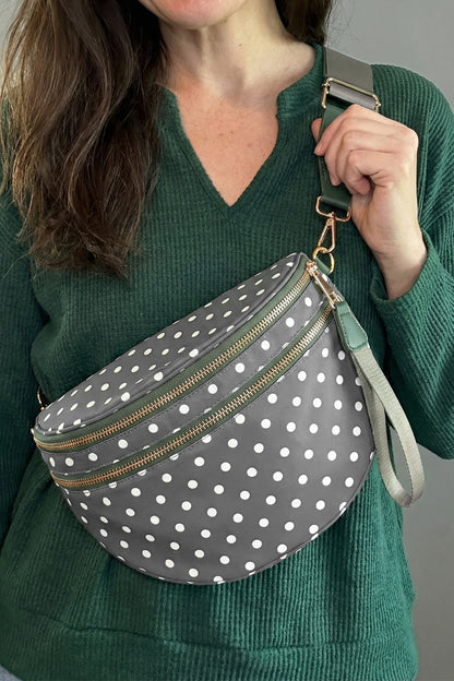Beau Blue Retro Polka Dot Print Double Zip Crossbody Bag