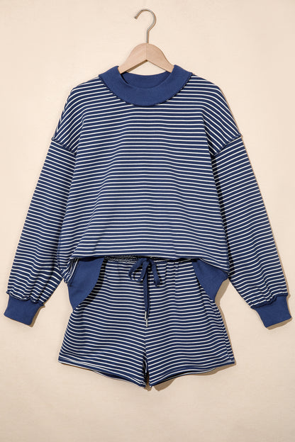 Pink Stripe Ribbed Patchwork Mock Neck Baggy Pullover Matching Shorts Set