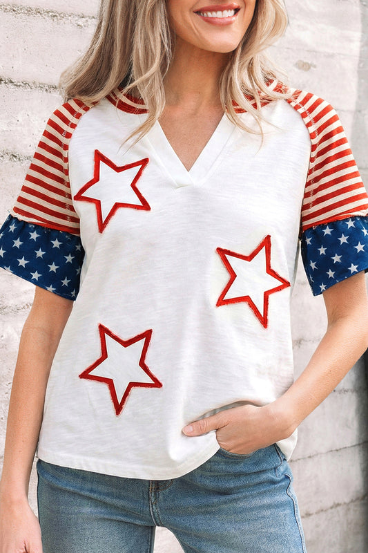 Fiery Red Star Detail Flag Inspired Short Sleeve Top