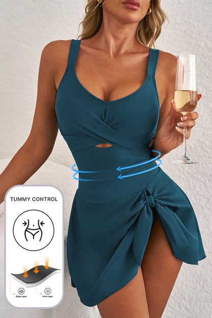 Black Adjustable Straps Cutout Ruched Knot Slit One Piece Swim Dress