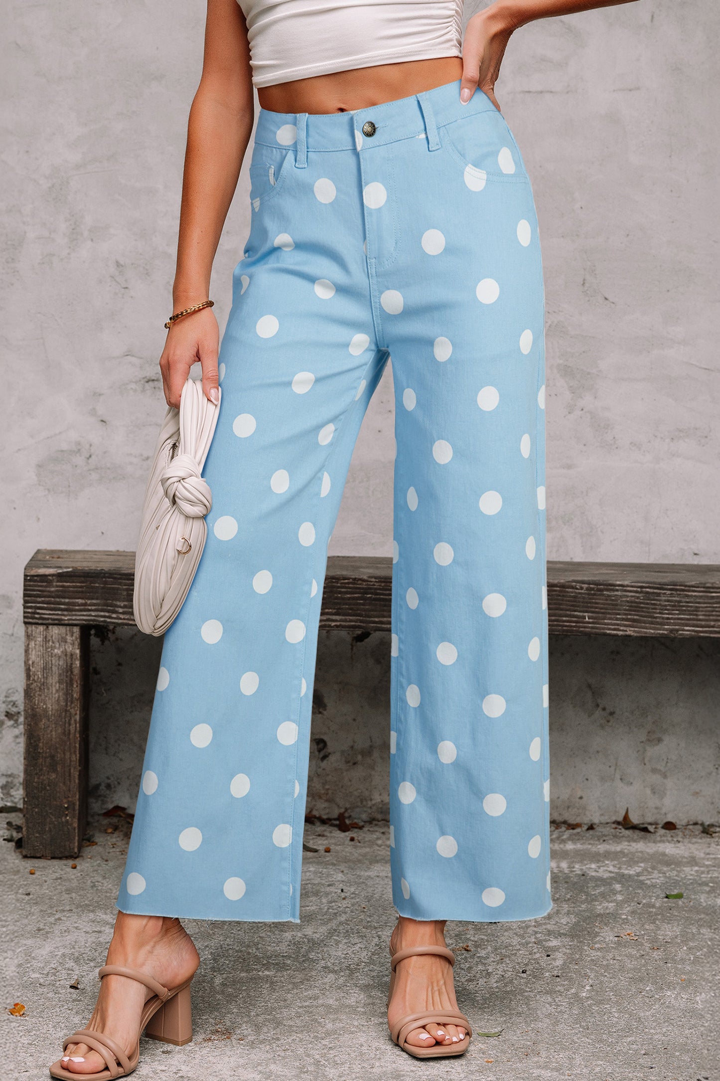Khaki Polka Dot Print Raw Hem Shift Jeans
