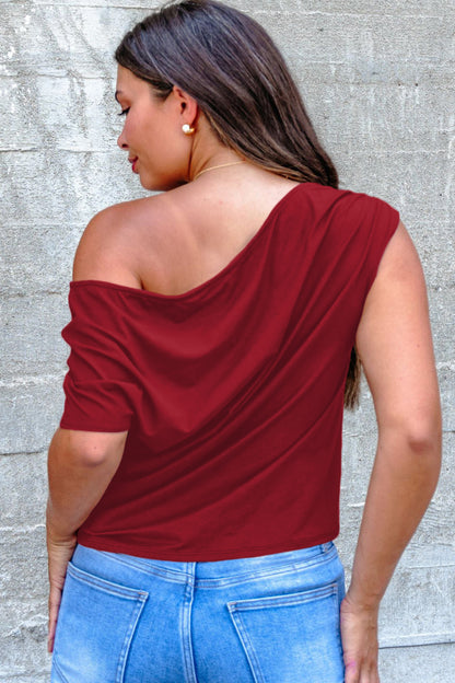 Coffee Plus Size Solid Color Asymmetric Neck Short Sleeve Blouse